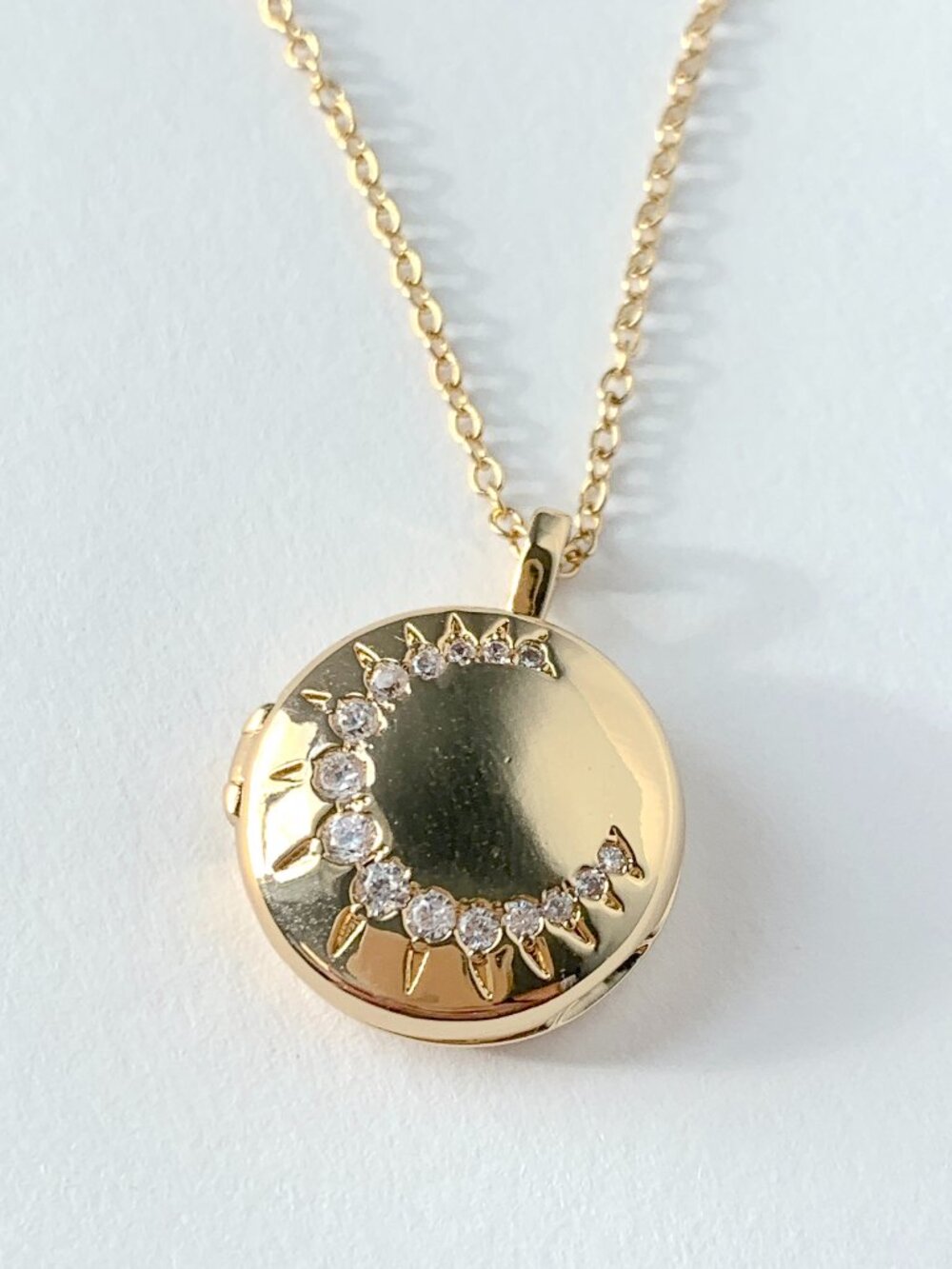 NEW ~ Anthropologie Round CZ Crescent Moon Gold Locket Necklace